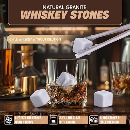 Whiskey Stones Gift Set with 10oz Lead-Free Crystal Whiskey Glass, Reusable Chilling Stones, Velvet Bag & Stainless Steel Tongs – Luxury Wooden Box Gift for Men