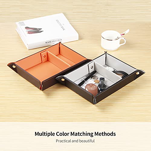 Valet Tray for Men Leather Big Entryway Key Dish Bedside Catchall Bowl 2 Dividers Travel Nightstand Organizer Caddy for Wallet Coins Dice Watch Candy, Sundries Holder for Beside Table (Orange) | Large Jewelry Vanity Tray for Keys,Coins,Wallet,Watch,Phone,