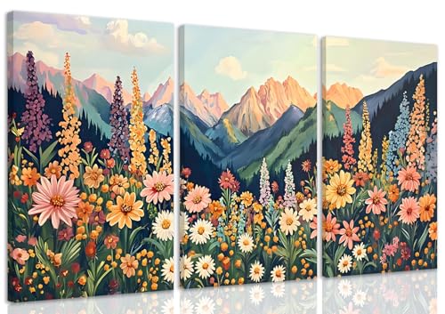 Framed Mountain Daisy Wall Art, Boho Wildflower Canvas 12x16 Inch | Colorful Daisy and Mountain Landscape Prints Bring Vintage Botanical Charm to Living Rooms, Bedrooms, and Boho Spaces - color: Gable Canvas, size: 16L" x 12W"
