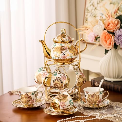 20 Pieces Porcelain Tea Set With Metal Holder, European Ceramic tea set for adults,Flower Tea Set,Tea Set For Women With Flower Painting - color: eel Yellow