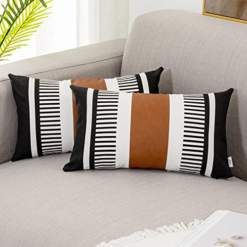 2 Pack 12x20 Lumbar Throw Pillow Covers, Faux Leather & Cotton Canvas with Black Stripes, Rectangular Decorative Pillow Case for Living Room, Sofa, Couch, Bedroom, Modern Farmhouse Home Decor - color: Black, size: 20" x 12" (Pack of 2)