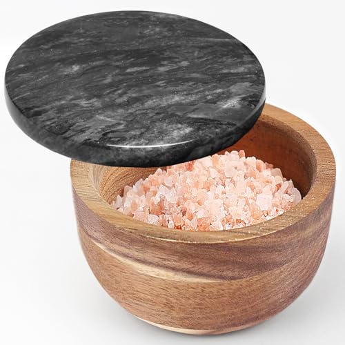 jalz jalz Acacia Wood Salt Cellar with black Marble Lid, 10oz Pinch Pot & Spoon - color: Black Cover Natural Base