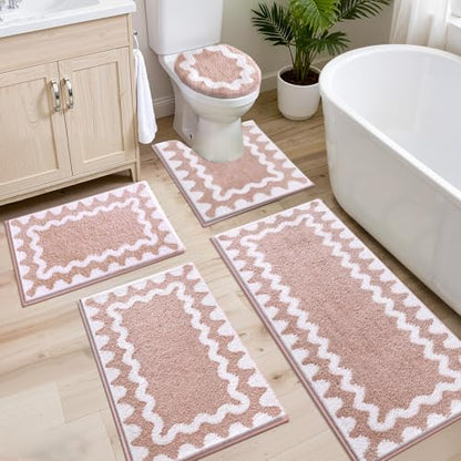 Findosom Bathroom Rugs Sets 5 Piece, Absorbent Soft Non-Slip Bath Rug Set | Washable Microfiber Shaggy Bath Mat Set with Bathroom Runner Rug, U-Shaped Toilet Rugs, Shower Rug & Toilet Lid Cover, Pink - color: Pink & White, size: 18"x26"+20"x32"+20"x48"+U