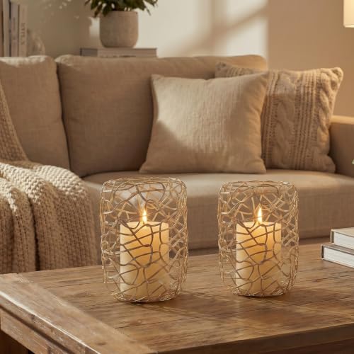 Nest Decorative Lanterns for 3'' Pillar Candles, Gold Candle Holders Set of 2, Rustic Candleholder Stand for Fireplace Mantel Decor & Table Centerpieces for Christmas, Thanksgiving