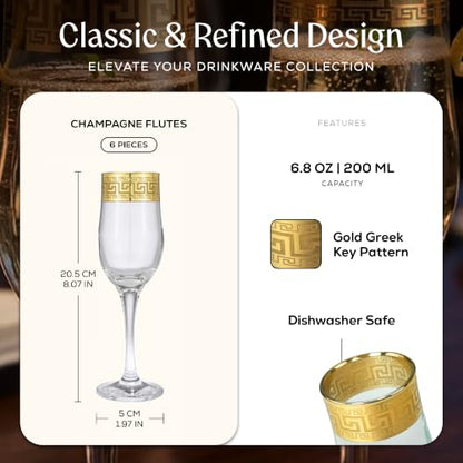 Joseph Sedgh Collection Greek Key Champagne Flute Glasses Set of 6-6.8 oz Round Cylinder Champagne Glasses with Stem, Dishwasher Safe Premium European Grade Glassware