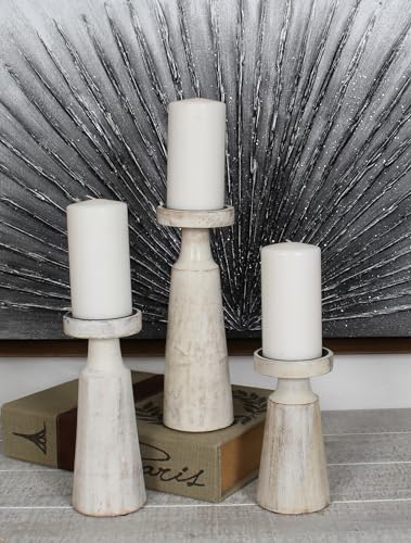 Set of 3 Pieces Wood Pillar Candle Holders, Mango Wooden Candlesticks Holders 12 Inch, 10 Inch, 8 Inch Height (White Wash) - color: White Wash