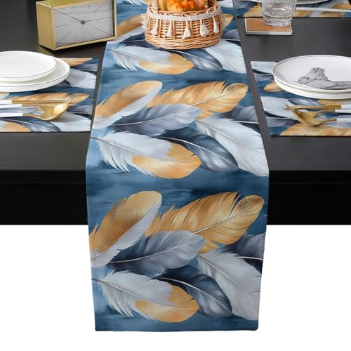 Table Runner and Placemats Set of 4 Gold White Feathers Decorative Dining Table Runner with Matching Placemats Blue Painting Table Decor for Kitchen Dining Room and Everyday Use 13x70in - size: 13"x70"+4pcs
