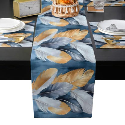 Table Runner and Placemats Set of 6 Gold White Feathers Decorative Dining Table Runner with Matching Placemats Blue Painting Table Decor for Kitchen Dining Room and Everyday Use 13x70in - size: 13"x70"+6pcs