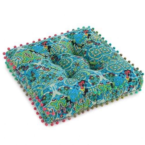 Boho Floor Cushion Seat Pillow, Thick Tufted Chair Pad with Pom Pom Trim, Cotton Linen Square Seating Cushion for Floor, Dining Chair, Reading Nook, Sofa, Office, Balcony and Living Room Decor - color: F