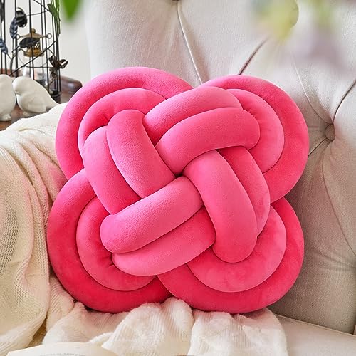 Knot Pillow Ball, 12" Decorative Throw Pillows for Couch Bed, Rose Red | Decor Knotted Square Floor Pillow Cushions with Velvet Fabric for Bedroom Living Room - color: Rose Red