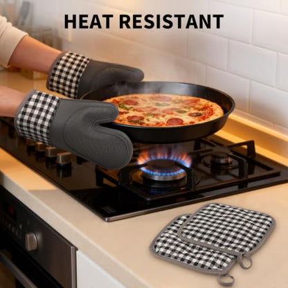 Tifanso 4PCS Heat Resistant Silicone Plaid Oven Mitts & Pot Holders, Grey | Non-Slip Grip Surface, Soft Cotton Lining, Ideal for Cooking Baking Grilling, Easy to Clean, Practical Kitchen Essential