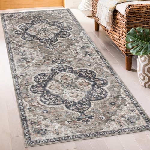 Machine Washable Area Rug Runner - Living Room Bedroom Bathroom Kitchen Entryway Office - Padded Low Pile Stain Resistant Premium - Boho Farmhouse Vintage - Joy - Brown Beige 2'6" x 10' - color: Bev - Beige Tan Brown, size: 2'6" x 10' (Runner)