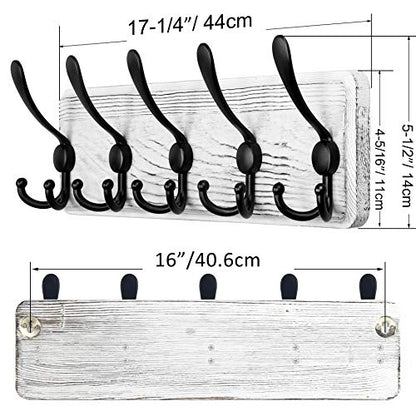 SKOLOO Rustic Wall Mounted Coat Rack: 16" Stud Spacing, Pine Real Wood Plank Wall Coat Rack with 5 Triple Hooks, Farmhouse Coat Hanger Wall Mount for Hanging Backpack Jacket Coat Hat - color: White Plate & Black Hook, size: 1 Item-5 Hooks