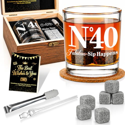 40th Birthday Gifts for Men, Vintage Whiskey Glass Set with Granite Stones | 40th Birthday Party Supplies Gifts for Him, Dad, Husband, "N°40 Fabulous Sip Happens" Scotch Glass, Pipette, Tongs&Wooden Box - style: 40th Mens Gifts