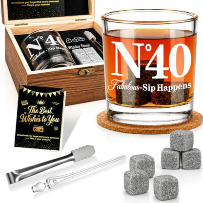 40th Birthday Gifts for Men, Vintage Whiskey Glass Set with Granite Stones | 40th Birthday Party Supplies Gifts for Him, Dad, Husband, "N°40 Fabulous Sip Happens" Scotch Glass, Pipette, Tongs&Wooden Box - style: 40th Mens Gifts