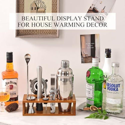 Bartender Kit Cocktail Shaker Set with Stand Bar Tool Bar Set for Drink Mixing Home Bartending Kit 17-Piece Bar Cart Accessories: Martini Shaker, Mixer Spoon, Jigger, Muddler, Strainer & Recipes Gifts - color: Silver Cobbler - 17pcs