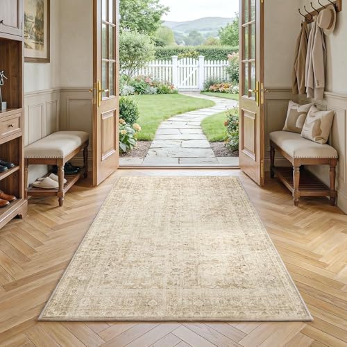 FMFUNCTEX 3x5 Washable Beige Vintage Neutral Throw Area Rug for Entryway | Cream Non Slip Low Pile Soft Distressed Oriental Traditional Indoor Thin Carpet Office Bedroom Kitchen Entry Living Room - color: Beige, size: 3' x 5' (Rectangular)