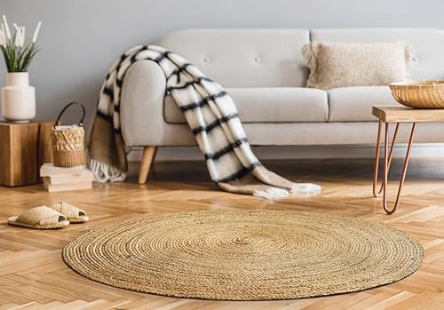 Hausattire Jute Braided Round Rug, Natural, 4 ft | 100% natural jute, hand woven, reversible, boho farmhouse style, entryway/kitchen/living room use - color: Natural, size: 4' Round