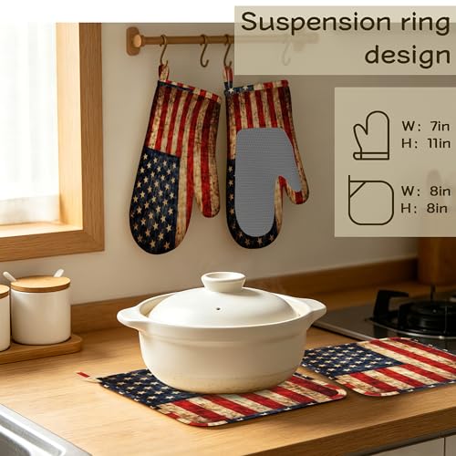 Retro USA Flag Oven Mitts and Pot Holders Set of 4, Heat Resistant Non Slip Kitchen Gloves Hot Pads, Chef Cooking Baking Gifts for Women Bakers, Kitchen Gifts for Cooking Lover Cooks Mom - color: Retro Usa Flag
