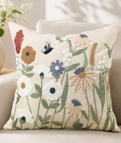 Fall Embroidered Throw Pillow Cover 18x18 Inch, Amber Blooms | Decorative Floral Pillow Cover, Farmhouse Cushion Case with Hidden Zipper, Autumn Decor for Couch, Sofa, Living Room, Bedroom - color: Cottage Flower