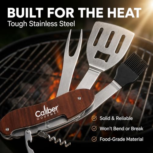 5-in-1 Multi Tool BBQ Barbecue Grill Accessories, Tools Set Kit, Camping Accessories, Grilling Parties, Detachable, Includes Brush, Spatula, Fork, Bottle Opener, Wine Corkscrew