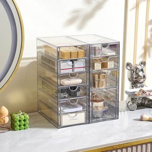 Prsildan Hair Accessories Organizer Acrylic Drawer with 10 Drawers | Clear, Craft Art Supply Storage, For Office Desk Bathroom Vanity Countertop, Set of 2 - size: 10 Drawers