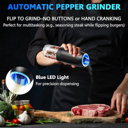 Gravity Electric Salt and Pepper Grinder,BoAn Battery Salt and Pepper Grinder Set,One-Hand Ceramic Larger Chamber Automatic Spice Mill,Adjustable Coarseness with LED Light for Kitchen New Home Gifts