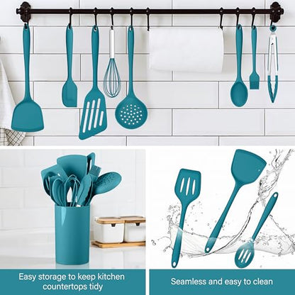 HaWare 11 PCS Silicone Cooking Utensils Set, Heat Resistant Kitchen Utensils with Holder, Food-grade Spatula Sets for Nonstick Cookware, Kitchen Tools Gadgets Include Fish Turner, Spoon (Blue) - color: Blue