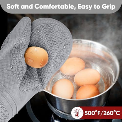 Silicone Oven Mitts, Heat Resistant Oven Gloves with Quilted Liner, Waterproof & Non-Slip Kitchen Mittens for Baking Cooking BBQ, 500°F, 12.5"-Light Gray - color: Light Gray