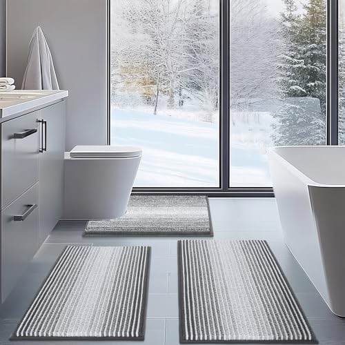 Bathroom Rugs Sets 3 Piece, Toilet Rugs U-Shaped Contour Bath Mat Set, Striped Absorbent Non Slip Chenille Shower Mat, Gray - color: Grey, size: 20"x32"+16"x24"+U Shape 20"x24"