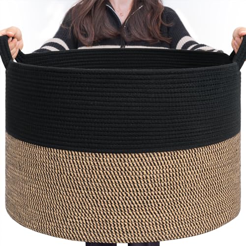 INDRESSME XXXLarge Woven Rope Blanket Basket Living Room Mix Black, 90L | 21.7" x 13.8" Storage baskets for toys laundry & pillows. Fits living room, bedroom or nursery décor. Soft-touch with handles - color: Black & Mix Camel, size: 21.7"D x 13.8"H