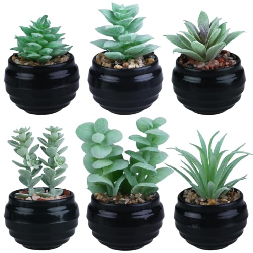 GREENTIME 6Pcs Green Artificial Succulents in Plastic Pots Fake Plants | Zero Maintenance Small Faux Succulents Decor for Indoor Bathroom Office Desk Bedroom Shelf Living Room Kitchen Windowsill - color: Green-black Ribbed Pot