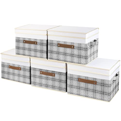 Collapsible Storage Bins with Lids, Patchwork Design, Washable, Fabric Storage Boxes, 14.9x9.8x9.8 inches, 5 Pack, Gray - color: Gray & White, size: 5-pcs 14.9x9.8x9.8 in