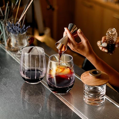 Joeyan Hand Blown Etched Stemless Wine Glasses for Red Wine,Large Carved Drinking Glass Cups Tumblers with Strips Swirls Pattern for Wedding Anniversary Party Home,Set of 2, 17.5 oz, Dishwasher Safe - color: Etched Swirls Vertical Stripes Patterned