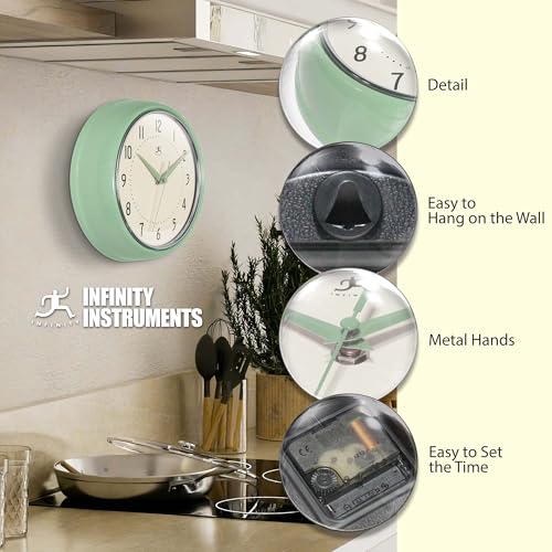 Infinity Instruments Retro Round Metal Wall Clock, Meadow Mist, 9.5" - color: Meadow Mist, size: 9.5 Inch