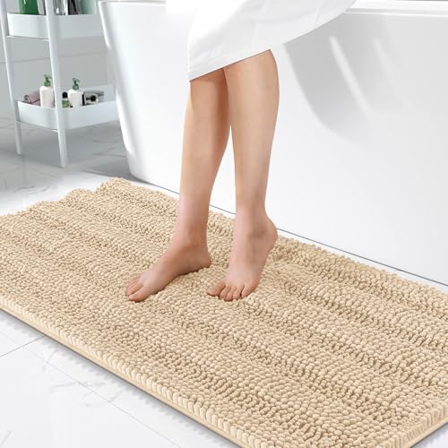OLANLY Thick Bathroom Runner Rugs 47x24, Soft Chenille Bath Rugs, Beige | Absorbent Striped, Rubber Backing, Machine Wash, Long Bath Mats for Bathroom Floor, Tub and Shower, Home Decor Accessories - color: Beige, size: 47" X 24"