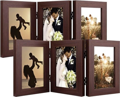 Golden State Art, 4x6 Triple Picture Frame Brown- Real Glass, 2 Pack | Trifold Photo Frame Vertical Display for Desktop - Three Folding Picture Collage - color: Brown, size: 4x6(2 Pack)
