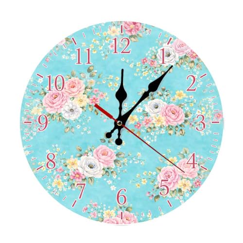 Floral Pattern on Turquoise Background Round Wooden Wall Clock, Silent Non-Ticking Battery Operated Decorative Wall Clock for Living Room, Bedroom, Kitchen, Office, Farmhouse Home Decor - color: Color554, size: 9.8x9.8in