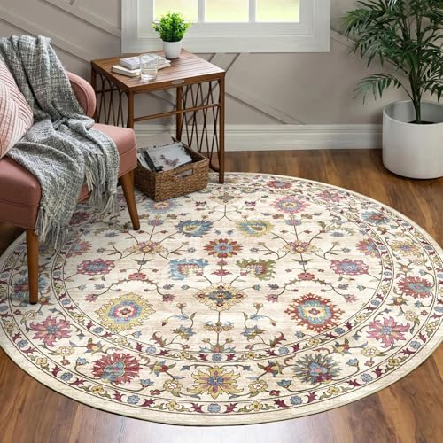 LUXRUG Washable Round Rug 4ft - Cream Colorful Floral Entryway Rug | 4x4 Circle Rug Non-Slip Carpet Soft Vintage Boho Traditional Round Rugs for Bedroom Entryway Bathroom Kitchen Foyer Nursery - color: Cream Multi, size: 4' (Round)