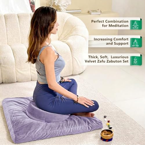 Hihealer Meditation Cushion, Traditional Tibetan Meditation Pillow Velvet Cover - Large Floor Cushion Seating for Adults - Yoga Buckwheat Bolster for Women、Moms - color: Romantic Purple(set)