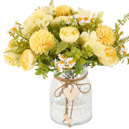 Kimura's Cabin Fake Flowers with Vase Yellow Artificial Peony in Glass Vase | faux flowers in vase,Home Table Centerpiece,Office Arrangement, Living Room floral,Farmhouse Bathroom Plant Decor - color: Yellow