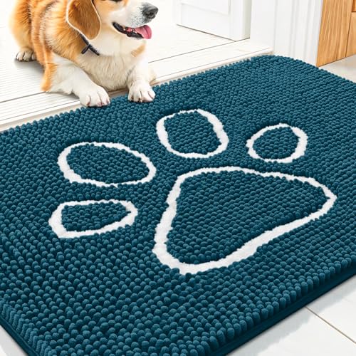 Smiry Dog Door Mat for Muddy Paws, Absorbent Non Slip Dirt Trapper, 30x20 | Atlantic Blue and White, Quick Dry Washable Chenille Mat for Mud Dogs, Entry Rug for Indoor and Outdoor - color: Atlantic Blue and White, size: 30"X20"
