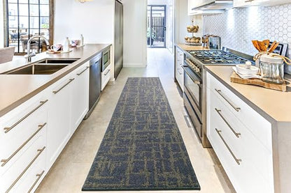 Hallway Runner Rug Non Slip Rubber Backing, 26 inch x 10 ft, Abstract Blue, Heavy Duty Berber Style Carpet Runner for Entryway, Kitchen, Bathroom, Bedroom, Laundry Room. - color: Abstract Blue, size: 10 Foot Long Runner Rug