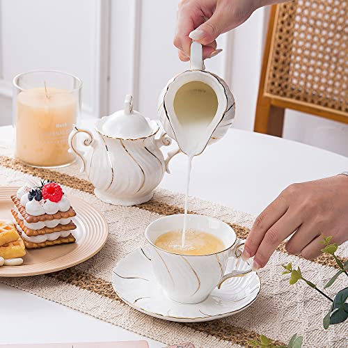 Agyiuns tea cups and saucers ceramic coffee mug 6oz for Coffee, Latte, Cafe Mocha and Tea-Set of 4, White - color: White - Set of 4
