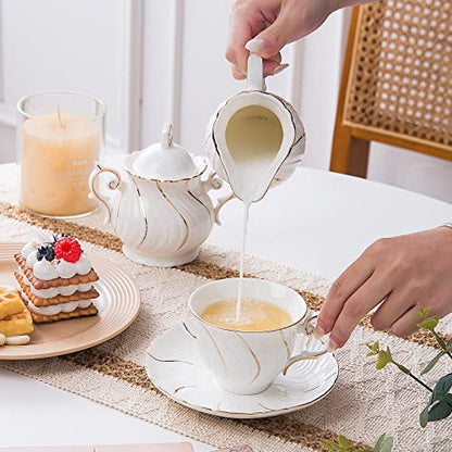 Agyiuns 6 Sets 6oz Porcelain Tea Cups Saucers，White with gold thread Tea Cups for Tea,Coffee - color: White with gold thread-set of 6