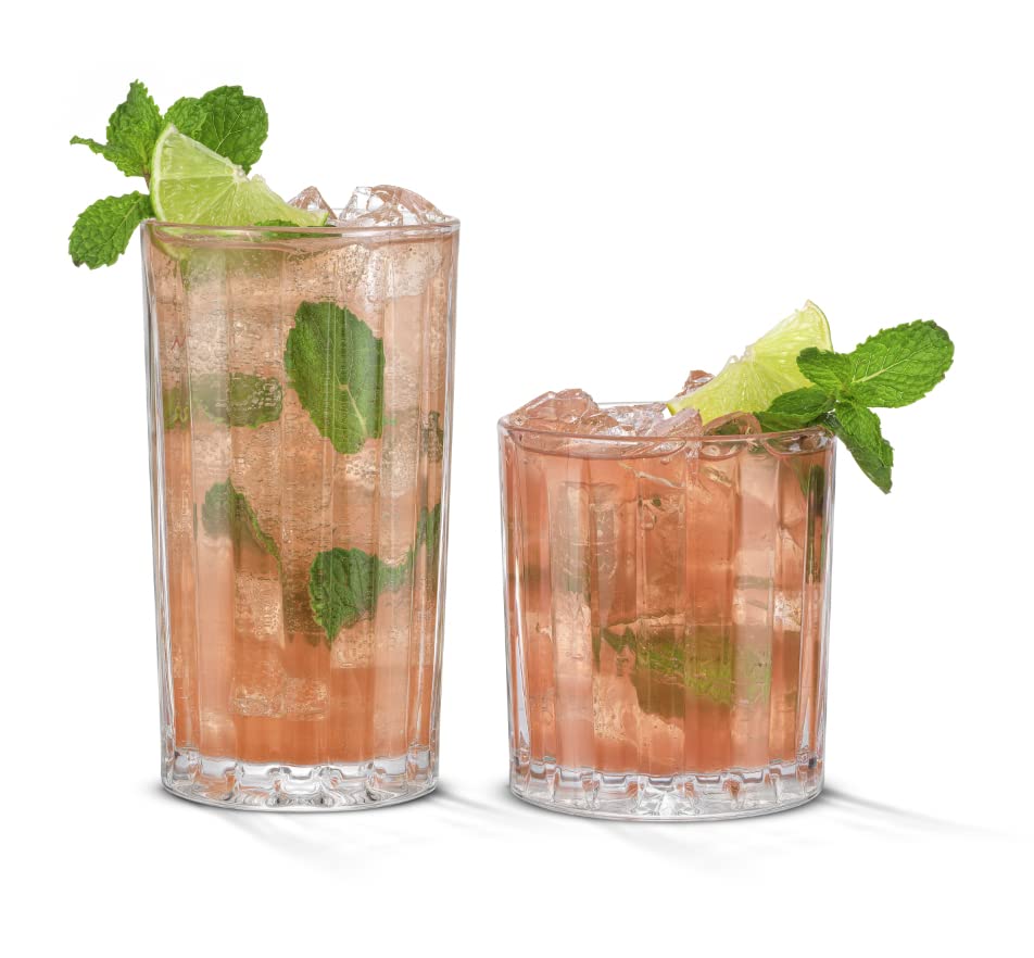 JoyJolt Drinking Glasses Set of 8, Alina Ribbed Glassware. 12oz Rocks Glass and 14oz Highball Glass set. Cocktail Glasses, Iced Coffee Cup or Water cups. Heavy Base Glassware Set - style: Fluted Glasses