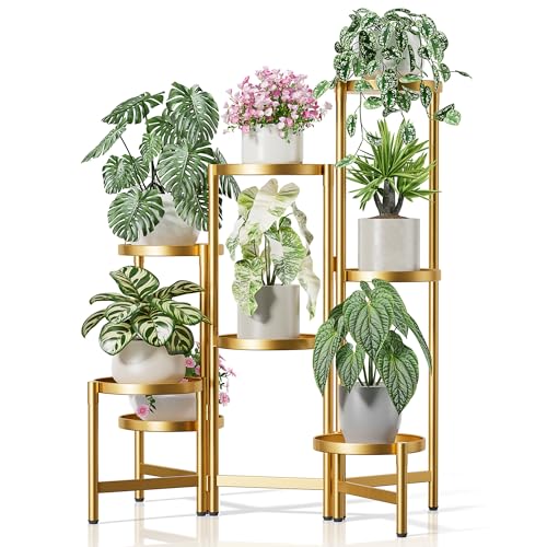 Gold Plant Stand, 8 Tiered Plant Stand Indoor for Multiple Large Planter, Tall Heavy Duty Adjustable Folding Rack with Rustproof 7.9 Inch Wide Tray, Corner Plant Shelf for Balcony - GoldDisk - color: GoldDisk, size: 8-tiers