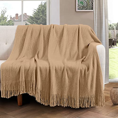 Vonty Light Brown Knitted Blanket with Tassels Fringe 50" x 60", Super Soft Knit Throw Blanket, Farmhouse Decorative Lightweight Blanket for Couch, Sofa, Bed | Super Soft And Lightweight, Year-Round Cozy Warmth, Farmhouse Decorative Style, Machine Washabl