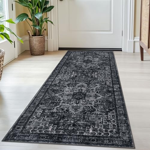 SIILOOM 2x5 Washable Runner Rug, Non Slip Soft Area Rug for Hallway Kitchen | Boho Vintage Door Mat Indoor Floor Carpet for Entryway Front Backdoor Laundry Bedside Bedroom, Easy Clean - color: Black White, size: 2' x 5' (Runner)