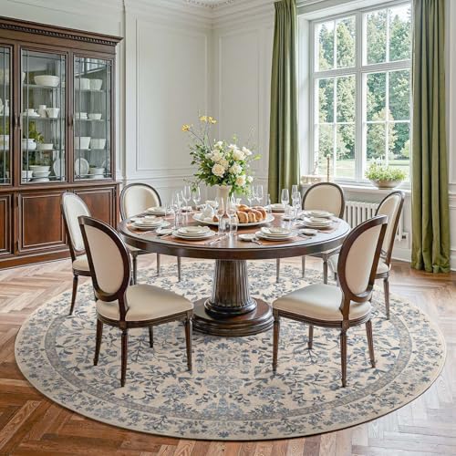jinchan 8ft Washable Round Area Rug, Vintage Floral, Blue/Cream | Soft Non-Slip Low-Pile, Circle Carpet for Bedroom Dining Room Living Room Office Foyer Farmhouse - color: Blue/Cream, size: 8' (Round)